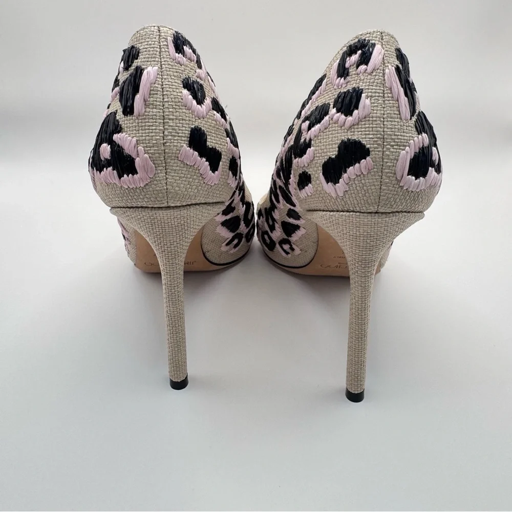 Jimmy Choo Woven Raffia Leopard Pink Black Natural Motif Romy Pumps Heels